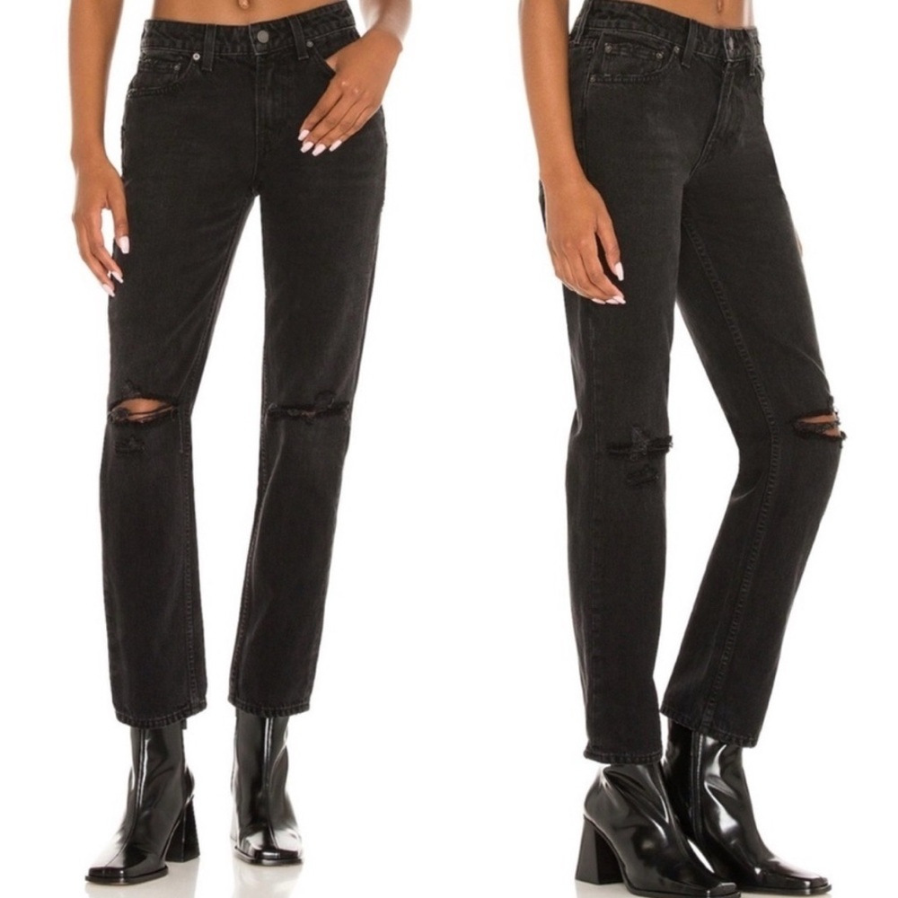 GRLFRND The Kate Low Rise Slim Crop Black Distressed Jeans 27 NWT